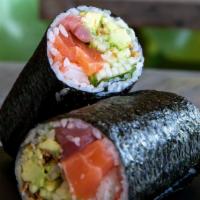 Titan · Fresh tuna, fresh salmon, kani, avocado, jalapeno, cucumber, onion crisps, cilantro, poké sa...