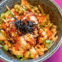 Spicy Tuna Poke · Spicy tuna, shredded cucumber, avocado, oshinko, topped with spicy mayo, eel sauce, tempura ...