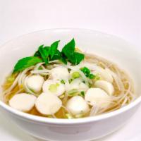 Fish Balls Pho · Fish balls pho comes with beansprout, Thai basil, scallions, onion, black pepper, lime, jala...