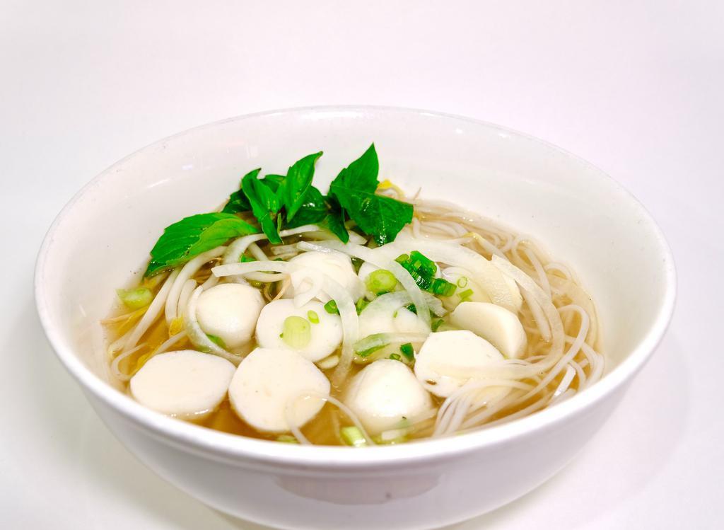 Fish Balls Pho · Fish balls pho comes with beansprout, Thai basil, scallions, onion, black pepper, lime, jalapeno and sriracha hoisin sauce.