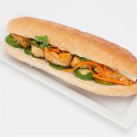 Tofu Sandwich · Tofu sandwiches comes with mayonnaise, pickle carrot & radish, cucumber, cilantro and black ...