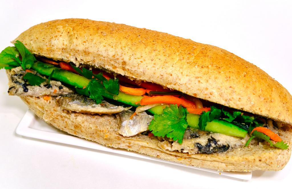 Sardine Sandwich · Sardine sandwiches comes with mayonnaise, pickle carrot & radish, cucumber, cilantro and black pepper. Your choice of white or wheat bread.