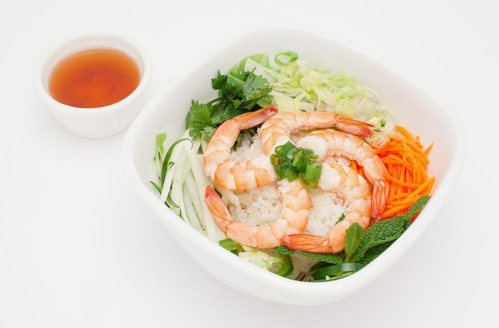 Shrimps Rice · Shrimps rice bowl comes with tomato, lettuce, pickle carrot & radish, cucumber, cilantro, jalapeno and fish / peanut sauce.