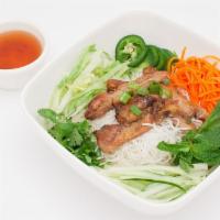 Grilled Chicken Vermicelli · Grilled chicken vermicelli bowl comes with lettuce, beansprout, pickle carrot& radish, cucum...
