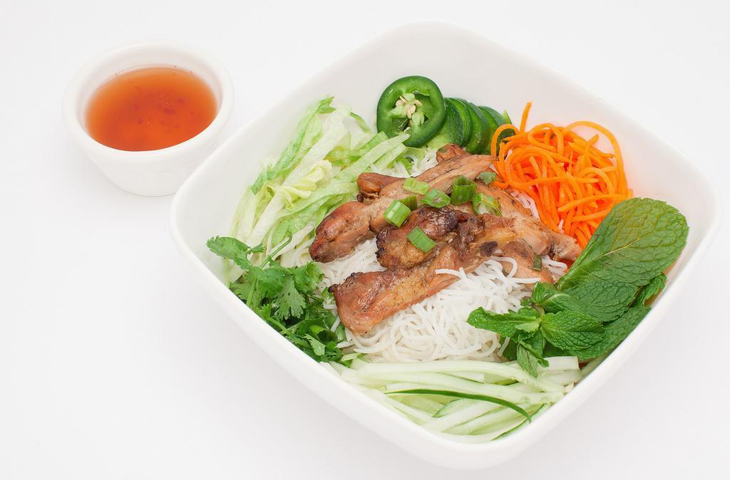 Grilled Chicken Vermicelli · Grilled chicken vermicelli bowl comes with lettuce, beansprout, pickle carrot& radish, cucumber, cilantro, jalapeno and fish / peanut sauce.