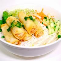 Crispy Air-Fried Rolls Vermicelli · Air-fried rolls vermicelli bowl comes with lettuce, beansprout, pickle carrot& radish, cucum...