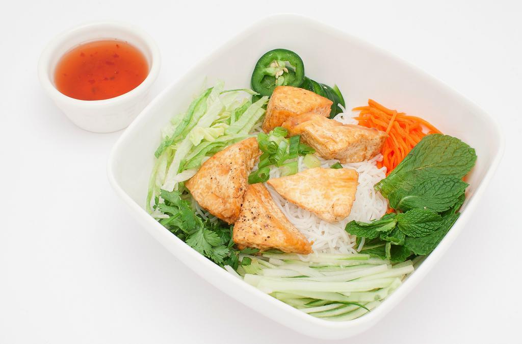 Tofu Vermicelli · Tofu vermicelli bowl comes with lettuce, beansprout, pickle carrot& radish, cucumber, cilantro, jalapeno and fish / peanut sauce.