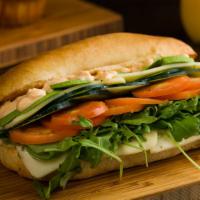 Veggie Sandwich · Vegetarian . Avocado, fresh mozzarella, plum tomatoes, cucumbers, arugula, chipotle mayonnai...
