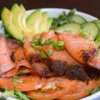 Nordica Salad · Mixed greens, plum tomatoes, smoked salmon, cucumbers, avocado, olive oil balsamic dressing.