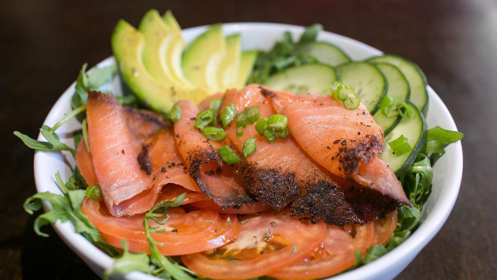 Nordica Salad · Mixed greens, plum tomatoes, smoked salmon, cucumbers, avocado, olive oil balsamic dressing.