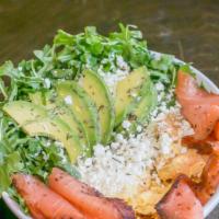 Brunch Me Up Salad · Mixed greens, (cold) scrambled eggs, smoked salmon, avocado, goat cheese, olive oil, balsami...
