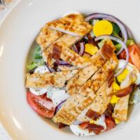 Cobb Salad · Grilled Chicken Breast,
Blue Cheese, Bacon, Tomato,
Cucumbers, Bermuda
Onion, Hard Boiled Eg...