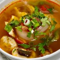 Tom Yum Soup · Choice of shrimp/chicken/veggie spicy and sour soup seasoned with mushrooms, bell peppers, l...