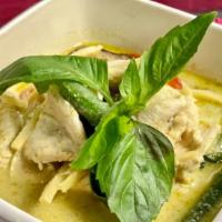 Green Curry · Green chili paste with bamboo shoots eggplants, bell pepper, string beans, fresh basil simme...