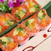 Garden Roll · Spicy tuna, asparagus, mango, avocado, cucumber, radish sprout, tobiko and crab stick, wrapp...