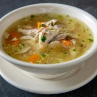 Chicken Noodle Soup · Rich chicken broth with shredded chicken, carrots, celery, onion, and fine egg noodles