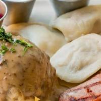 Deluxe Meat Combo · 1 meat pierogi, 1 potato pierogi, 1 sauerkraut and mushroom pierogi, 1 meat stuffed cabbage ...
