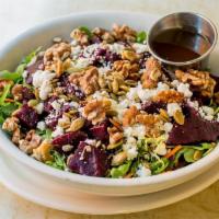 Salad - Beet & Goat Cheese · With toasted walnuts and pumpkin seeds on greens with balsamic vinaigrette