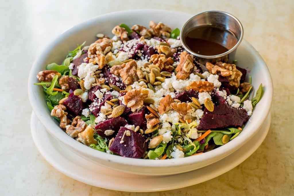 Salad - Beet & Goat Cheese · With toasted walnuts and pumpkin seeds on greens with balsamic vinaigrette