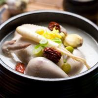 Samgyetang W/Jeonbok · 삼계탕 Chicken Soup with Ginseng & abalone (includes rice)