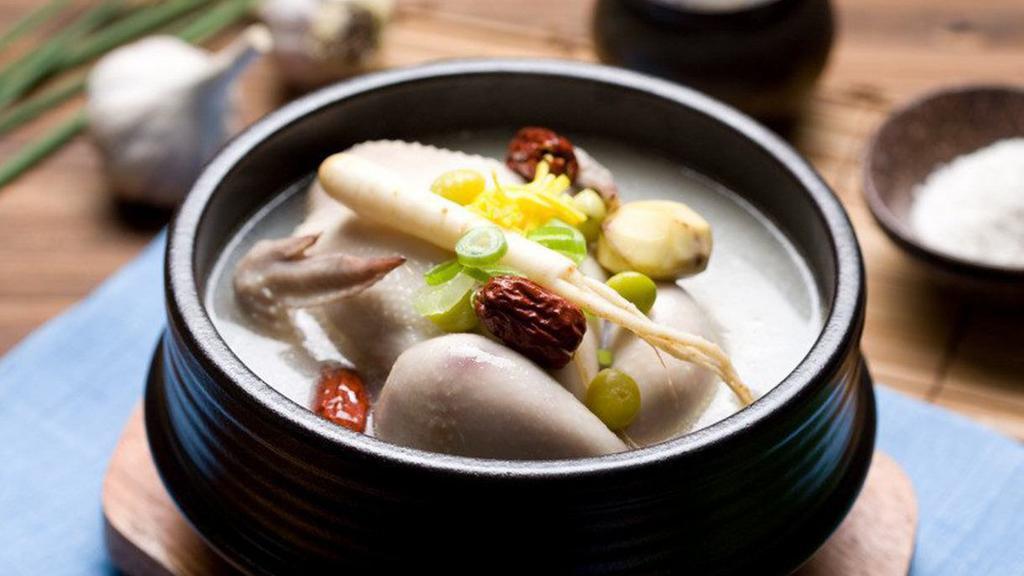 Samgyetang W/Jeonbok · 삼계탕 Chicken Soup with Ginseng & abalone (includes rice)