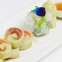 Naruto (Cucumber Roll Without Rice) · Tuna, salmon, yellowtail, and avocado wrapped in fresh cucumber, served with house vinegar s...
