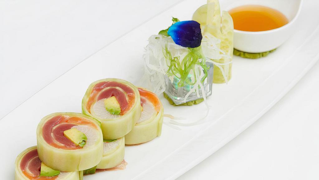 Naruto (Cucumber Roll Without Rice) · Tuna, salmon, yellowtail, and avocado wrapped in fresh cucumber, served with house vinegar sauce.