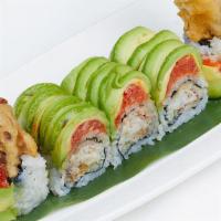 Js13. Montauk Roll · Inside: soft-shell crab and cucumber. Outside: spicy tuna and avocado with eel sauce.