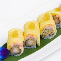 Golden Dragon Roll · Inside: shrimp tempura and cucumber. Outside: lobster salad, mango, black tobiko, and golden...