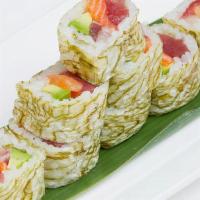 Woodbury Roll · Spicy. Tuna, salmon, yellowtail and avocado o/wrapped with kombu seaweed topped with wasabi ...