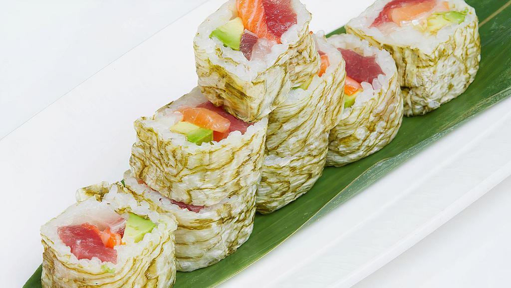 Js15. Woodbury Roll · Inside: tuna, salmon yellowtail and avocado. Outside: wrapped with kombu nori seaweed topped with wasabi mayo.