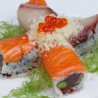 Long Island Roll · Spicy. Pepper tuna, asparagus, tobiko, salmon, yellowtail, ikura served with wasabi and eel ...