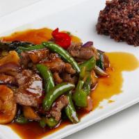 Bangkok Basil Chicken/Beef/Shrimp · Sautéed mushrooms, snow peas, eggplant & basil with Thai style brown sauce.