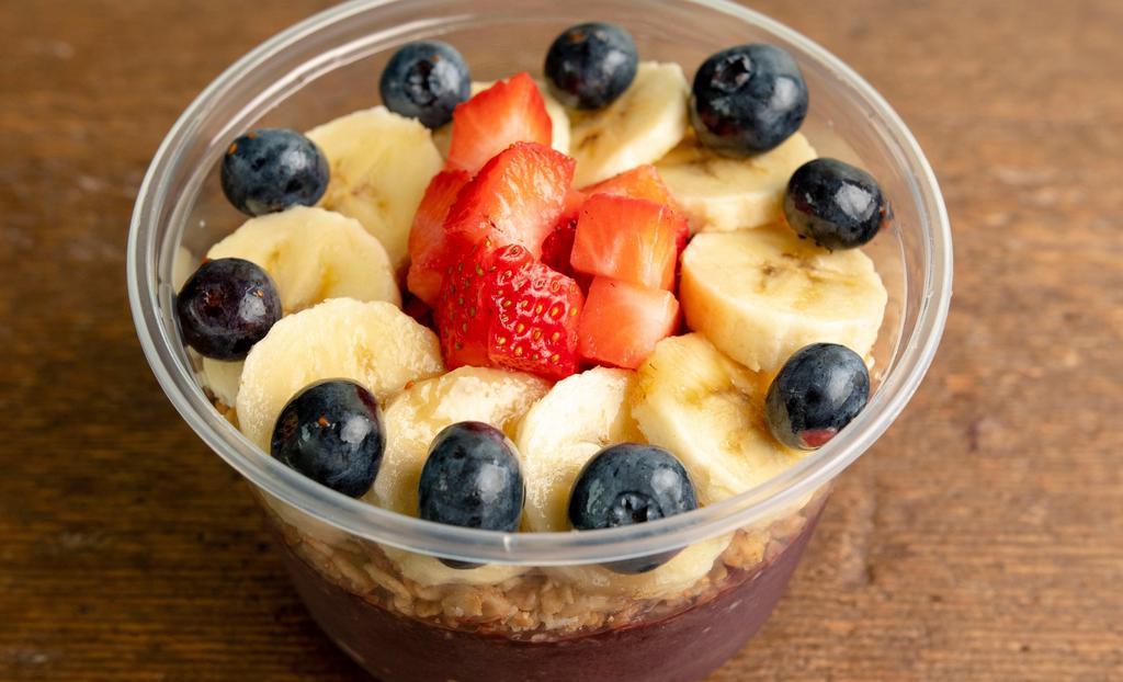 Very Berry Bowl · Bananas, blueberries, strawberries, granola. Contains organic açaí and almond milk. *Granola is Gluten-Free, Vegan, and Organic