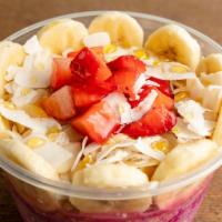 Bayside Bowl · Base: dragon fruit, banana, mango and almond milk. Toppings: bananas, strawberries, sliced a...