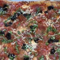 Calabrese · Red onions, sopressata, imported black olives, basil, parmigiano-reggiano, fresh mozzarella ...