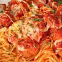 Shrimps Parm With Spaghetti · Grilled shrimps, tomato sauce, melted mozzarella cheese with spaghetti and parmesan cheese.