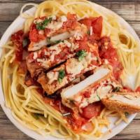 Chicken Parm With Spaghetti · Breaded chicken breast, tomato sauce, melted mozzarella cheese with spaghetti and parmesan c...