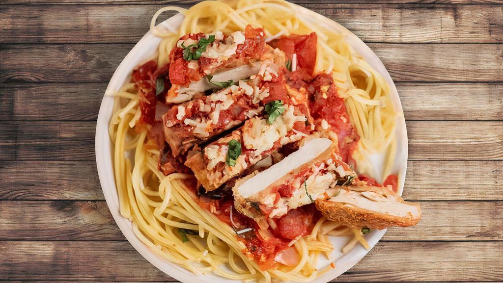 Chicken Parm With Spaghetti · Breaded chicken breast, tomato sauce, melted mozzarella cheese with spaghetti and parmesan cheese.