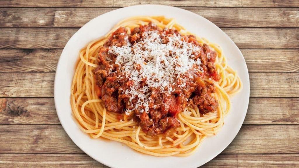 Pasta Bolognese · Ground beef, mushrooms, olives, spaghetti, tomato sauce and parmesan cheese.