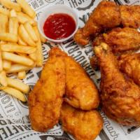 Fried Chicken Combo · Three wings, two drums, three strips and fries or rice.
