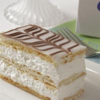 Napoleon · French vanilla cream layered between a crispy flaky dough topped with white icing.