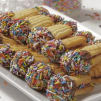 Sandwich Rainbow Butter Cookie (1 Lb. Box) · Butter cookie with orange pineapple jam filling and dipped in chocolate with sprinkles.
