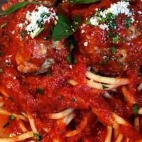 Homemade Meatballs Over Imported Linguine · pork, veal, beef, pecorino romano cheese, herbs,  bread & eggs are in our meatballs served w...