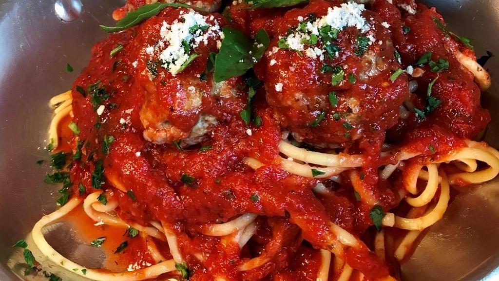 Homemade Meatballs Over Imported Linguine · pork, veal, beef, pecorino romano cheese, herbs,  bread & eggs are in our meatballs served with homemade marinara over imported linguine