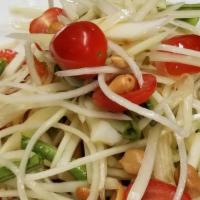 Papaya Salad · Hot and spicy. With string beans, tomato and roasted peanuts.