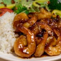 Shrimp Bowl · Pan seared shrimp sautéed in Teriyaki or Spicy Gochujang sauce. Served over rice, diced cabb...
