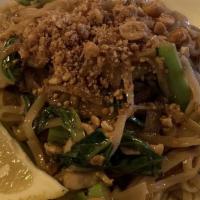 Pad Thai · Stir fried flat rice noodle w. Egg, veggie, peanuts. Choice of; ck/shrimp/veggie.