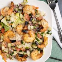 Shrimp Kebab (Large) · Jumbo shrimp grilled on skewers. Includes French fries or rice and salad rice.