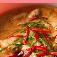 Pineapple Red Curry · Pineapple, long rice vermicelli noodles, basil and bell peppers simmered in red curry paste ...